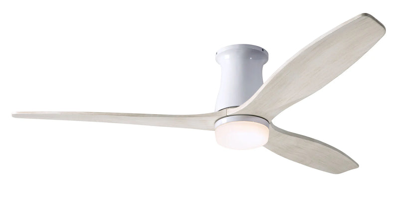 Modern Fan Company Arbor Flush DC LED 54-inch gloss white hugger ceiling fan with whitewash blades and remote control