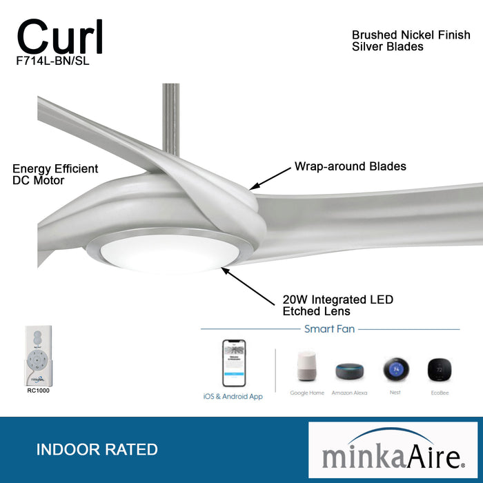 Minka Aire F714L-BN/SL Curl 60" Brushed Nickel LED Ceiling Fan + Remote Control