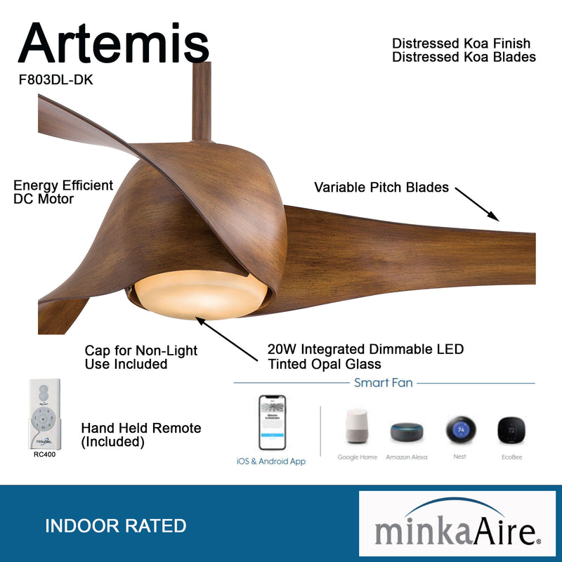 Minka Aire Artemis F803DL-DK 58-Inch LED Indoor Smart Ceiling Fan in Distressed Koa with Remote