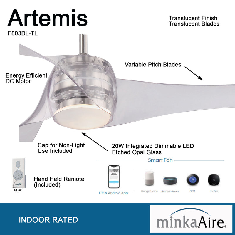 Minka Aire Artemis F803DL-TL 58-Inch LED Indoor Smart Ceiling Fan in Translucent with Remote