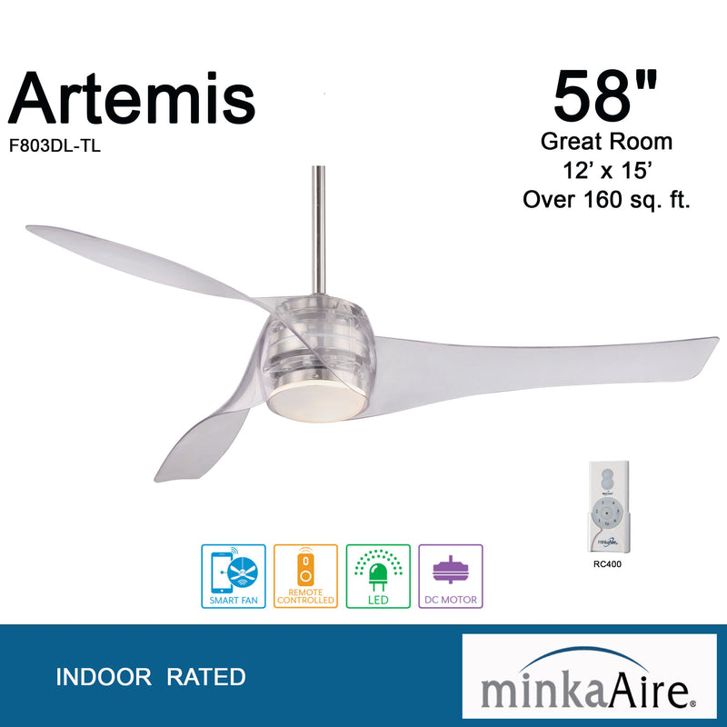 Minka Aire Artemis F803DL-TL 58-Inch LED Indoor Smart Ceiling Fan in Translucent with Remote