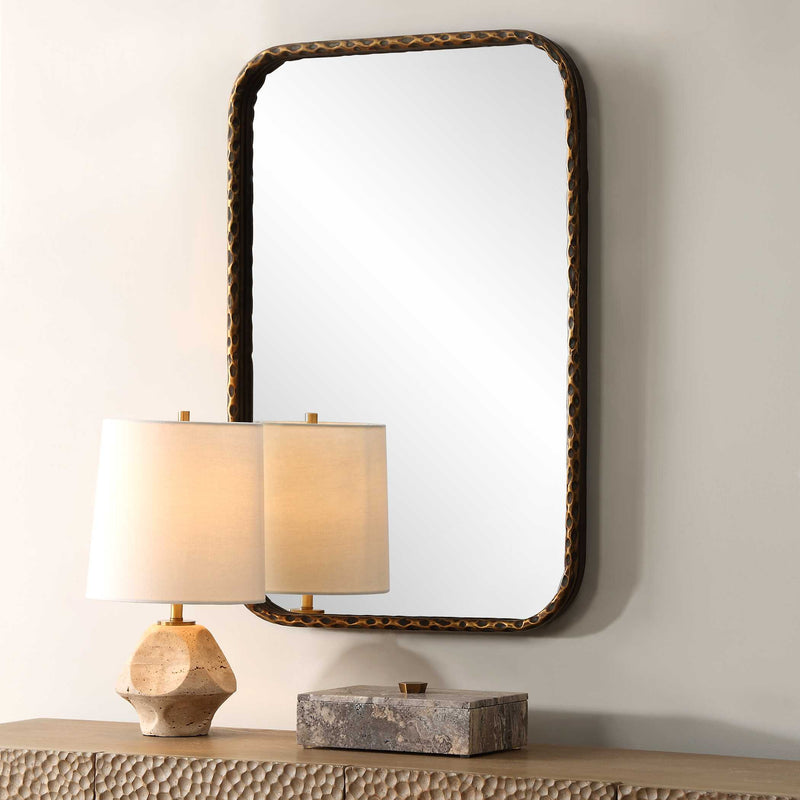 Uttermost A Little Knotty 09996 aged bronze modern rectangle bathroom vanity mirror with hammered iron frame and knotted detailing, 20 in. W x 30 in. H