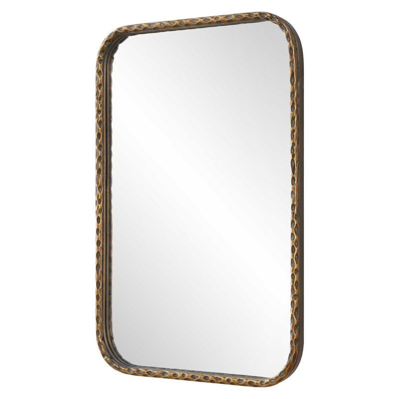 Uttermost A Little Knotty 09996 aged bronze modern rectangle bathroom vanity mirror with hammered iron frame and knotted detailing, 20 in. W x 30 in. H