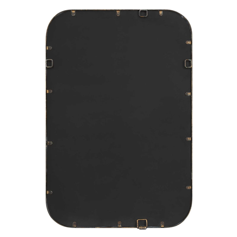 Uttermost A Little Knotty 09996 aged bronze modern rectangle bathroom vanity mirror with hammered iron frame and knotted detailing, 20 in. W x 30 in. H