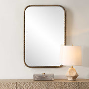 Uttermost A Little Knotty 09996 aged bronze modern rectangle bathroom vanity mirror with hammered iron frame and knotted detailing, 20 in. W x 30 in. H