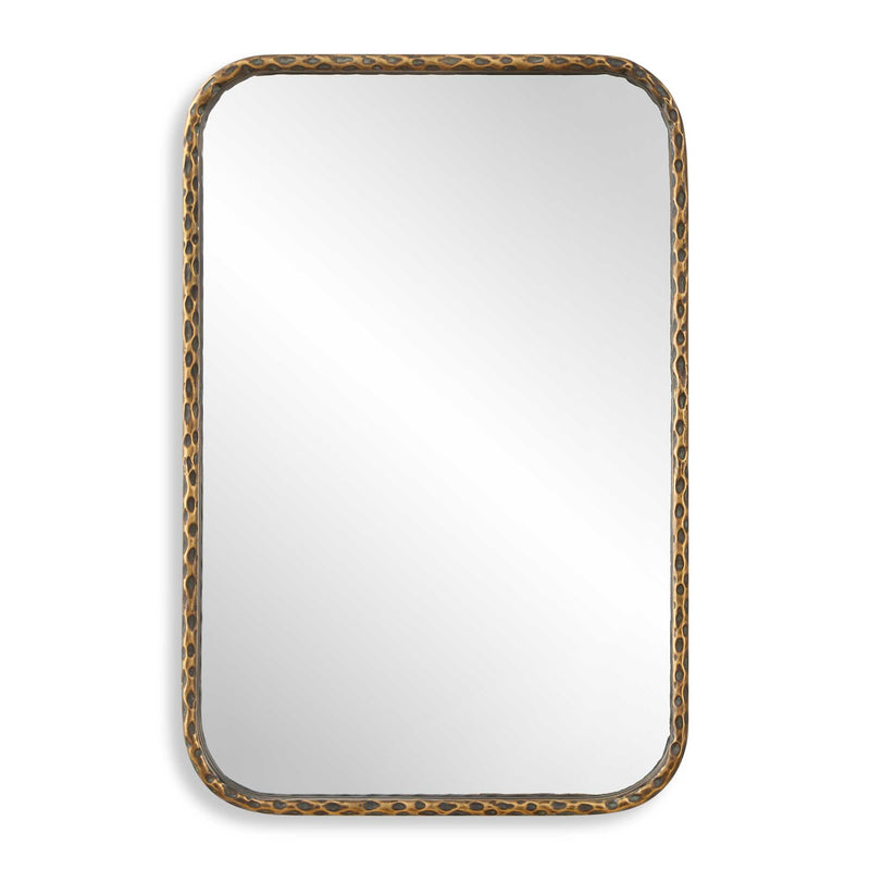 Uttermost A Little Knotty 09996 aged bronze modern rectangle bathroom vanity mirror with hammered iron frame and knotted detailing, 20 in. W x 30 in. H