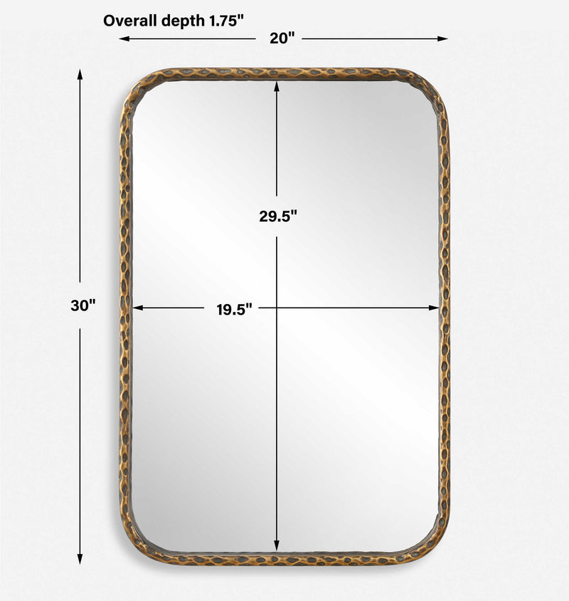 Uttermost A Little Knotty 09996 aged bronze modern rectangle bathroom vanity mirror with hammered iron frame and knotted detailing, 20 in. W x 30 in. H