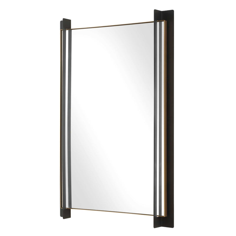 Uttermost Cunene 08249 matte black modern rectangle mirror with floating iron frame and gold leaf inner liner, 26 in. W x 39 in. H