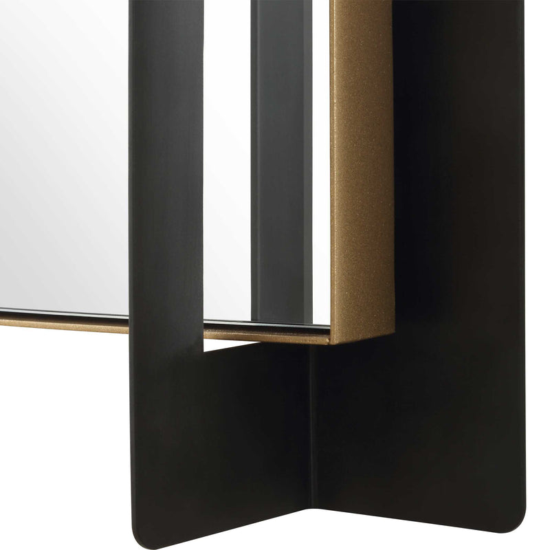 Uttermost Cunene 08249 matte black modern rectangle mirror with floating iron frame and gold leaf inner liner, 26 in. W x 39 in. H