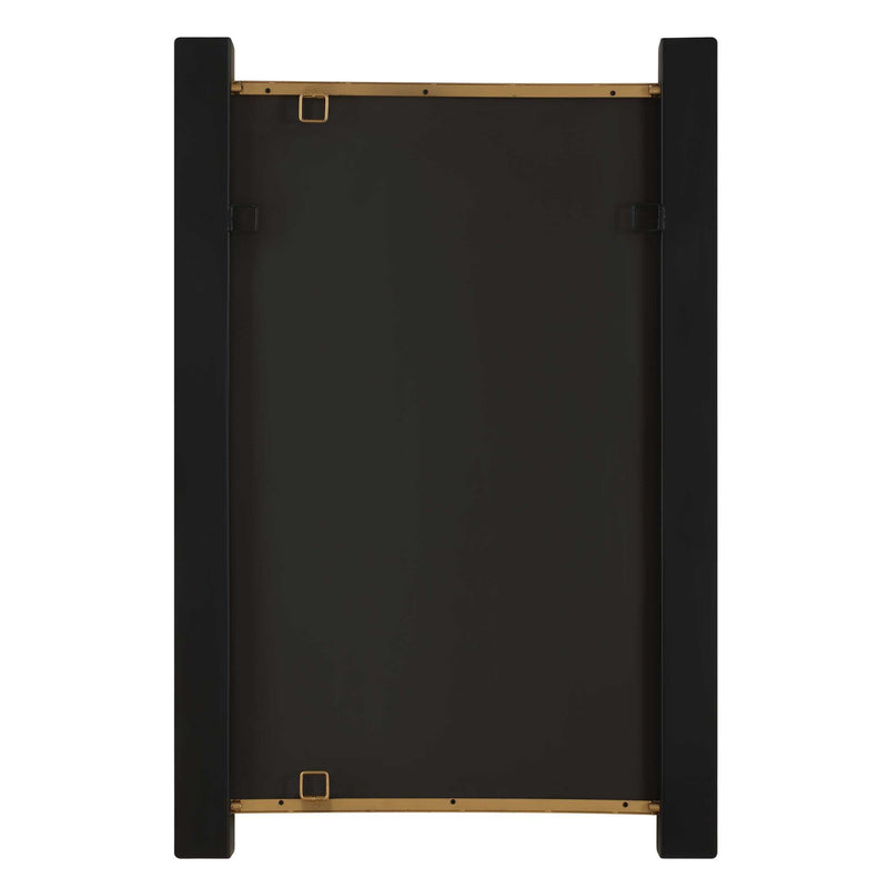 Uttermost Cunene 08249 matte black modern rectangle mirror with floating iron frame and gold leaf inner liner, 26 in. W x 39 in. H