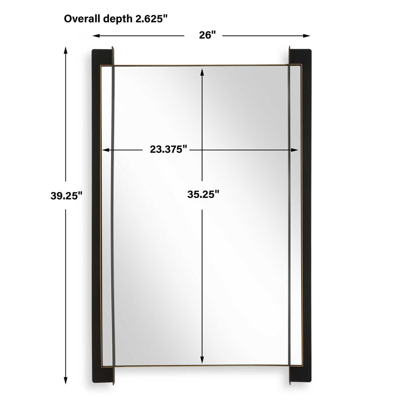 Uttermost Cunene 08249 matte black modern rectangle mirror with floating iron frame and gold leaf inner liner, 26 in. W x 39 in. H