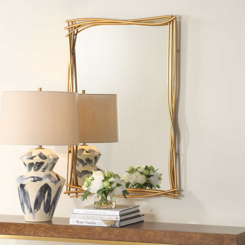 Uttermost Curved Branches 08278 lightly antiqued gold leaf modern rectangle bathroom vanity mirror with layered hand forged iron frame, 27 in. W x 39 in. H