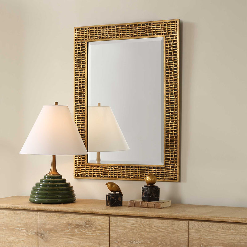 Uttermost Woven In Time 08288 heavily antiqued gold leaf modern rectangle mirror with woven motif, 30 in. W x 40 in. H