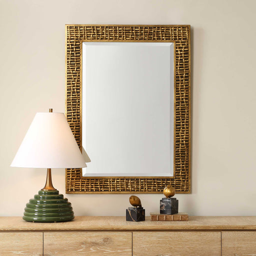 Uttermost Woven In Time 08288 heavily antiqued gold leaf modern rectangle mirror with woven motif, 30 in. W x 40 in. H
