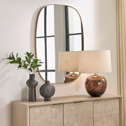 Uttermost Nidia 08308 distressed antique gold modern bathroom vanity mirror with slender scalloped iron frame, 29 in. W x 41 in. H