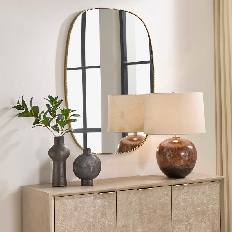 Uttermost Nidia 08308 distressed antique gold modern bathroom vanity mirror with slender scalloped iron frame, 29 in. W x 41 in. H
