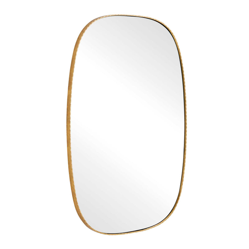 Uttermost Nidia 08308 distressed antique gold modern bathroom vanity mirror with slender scalloped iron frame, 29 in. W x 41 in. H