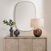 Uttermost Nidia 08308 distressed antique gold modern bathroom vanity mirror with slender scalloped iron frame, 29 in. W x 41 in. H