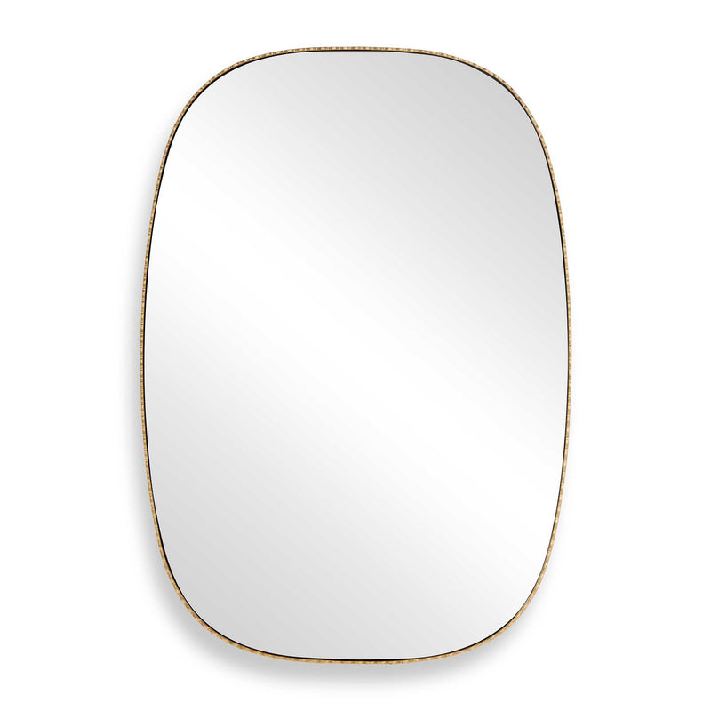 Uttermost Nidia 08308 distressed antique gold modern bathroom vanity mirror with slender scalloped iron frame, 29 in. W x 41 in. H