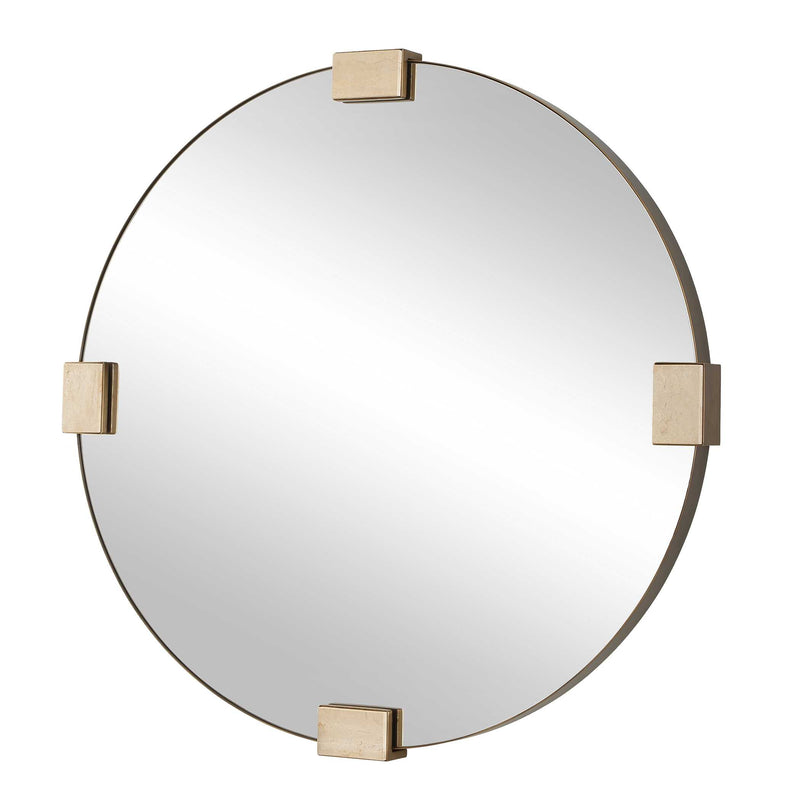 Uttermost Russo 08291 golden bronze modern round mirror with decorative travertine inlays, 36 in. W x 36 in. H