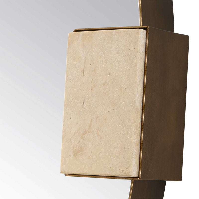 Uttermost Russo 08291 golden bronze modern round mirror with decorative travertine inlays, 36 in. W x 36 in. H