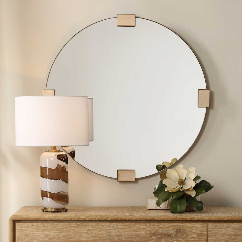 Uttermost Russo 08291 golden bronze modern round mirror with decorative travertine inlays, 36 in. W x 36 in. H