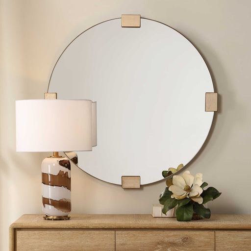 Uttermost Russo 08291 golden bronze modern round mirror with decorative travertine inlays, 36 in. W x 36 in. H