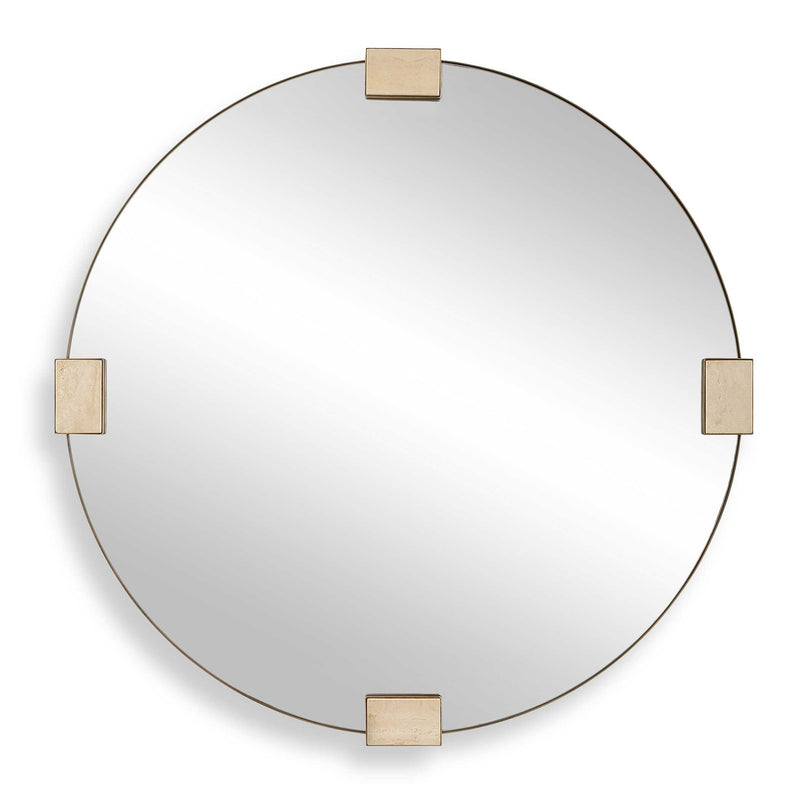 Uttermost Russo 08291 golden bronze modern round mirror with decorative travertine inlays, 36 in. W x 36 in. H