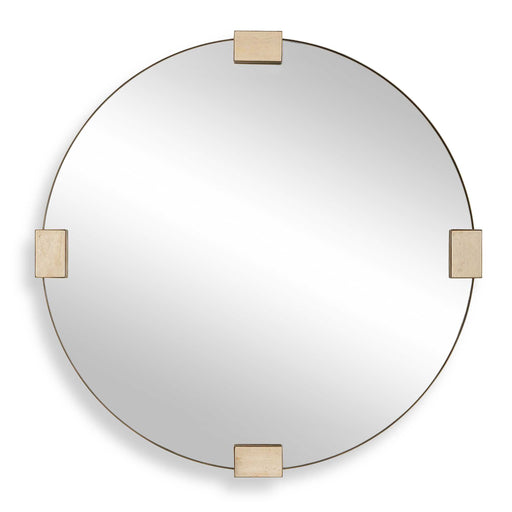 Uttermost Russo 08291 golden bronze modern round mirror with decorative travertine inlays, 36 in. W x 36 in. H