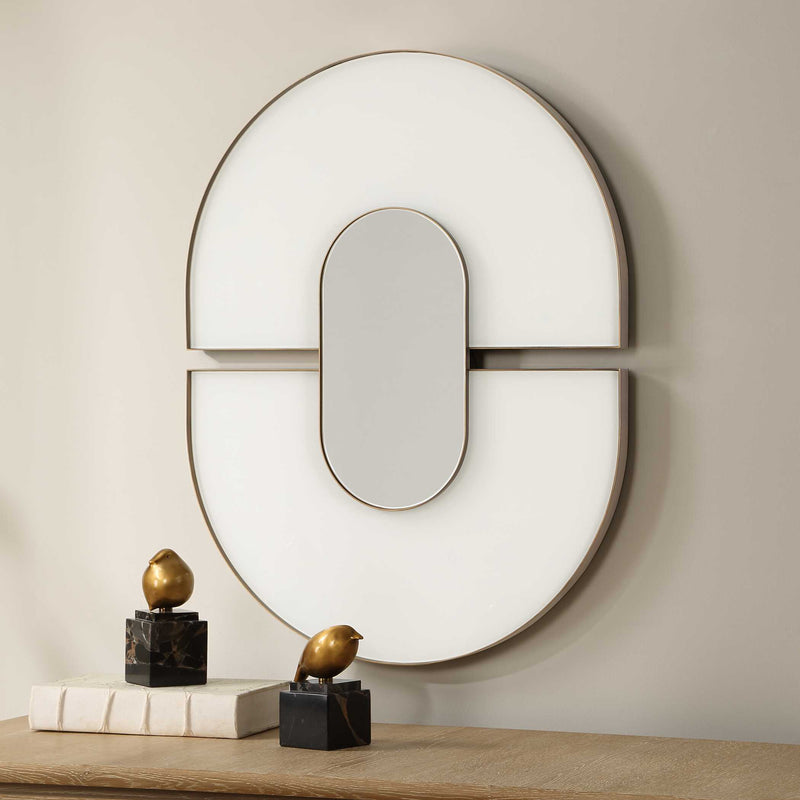Uttermost Encase 08294 antiqued gold modern oval mirror with white glass accents, 24 in. W x 31 in. H