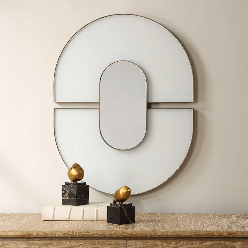 Uttermost Encase 08294 antiqued gold modern oval mirror with white glass accents, 24 in. W x 31 in. H