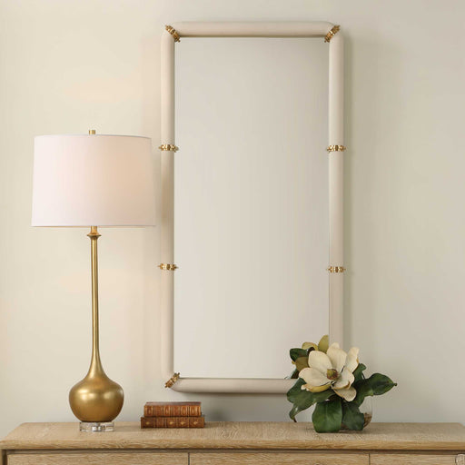 Uttermost Cyprus 08332 white faux shagreen and brass modern rectangle mirror with brass plated steel bands, 22 in. W x 44 in. H