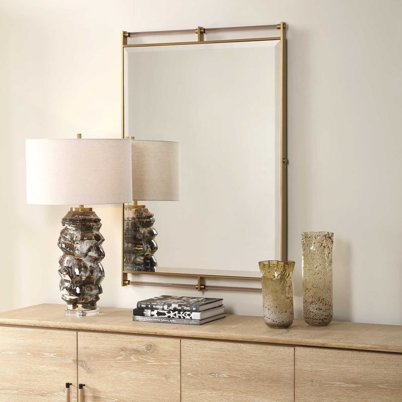 Uttermost Ripoll 08318 antique brass modern rectangle mirror with amber acrylic bars, 31 in. W x 46 in. H