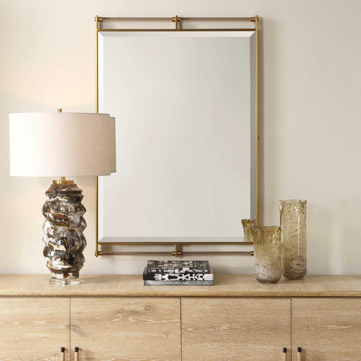 Uttermost Ripoll 08318 antique brass modern rectangle mirror with amber acrylic bars, 31 in. W x 46 in. H