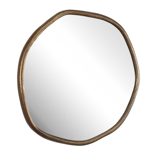 Uttermost Ambrose 08363 antique brass modern indoor-outdoor round mirror with abstract cast aluminum frame, 39 in. W x 39 in. H