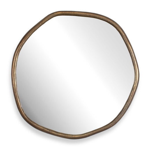 Uttermost Ambrose 08363 antique brass modern indoor-outdoor round mirror with abstract cast aluminum frame, 39 in. W x 39 in. H