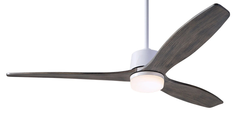 Modern Fan Company Arbor DC 54-inch gloss white LED ceiling fan with graywash wood blades and remote control