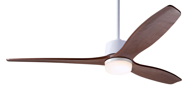 Modern Fan Company Arbor DC 54-inch gloss white LED ceiling fan with mahogany wood blades and remote control