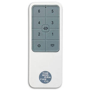 Remote control with button layout and 'The Modern Fan Co' logo on a white background