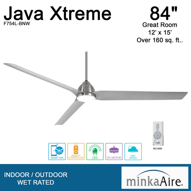 Minka Aire Java Xtreme F754L-BNW 84-Inch Wet Smart LED Outdoor Ceiling Fan in Brushed Nickel with Remote