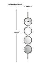 Uttermost Button 09842 silver leaf modern tall round mirror with sleek iron base and four round beveled mirrors, 10 in. W x 60 in. H