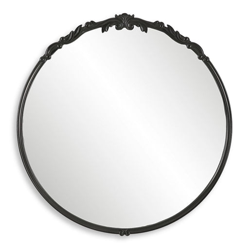 Gildara Satin Black Mirror | Classic Ornate Round Engineered Wood Frame Bathroom Vanity Mirror (30 in. W x 31 in. H x 1 in. D)