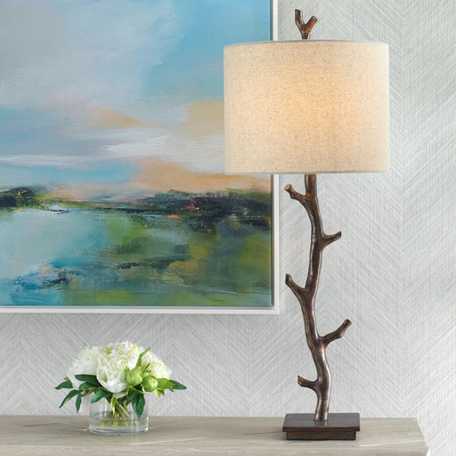 Thaloren Rustic Tree Branch Table Lamp with Oatmeal Linen Shade (34" H Lamp with 10" H x 13" W Shade)