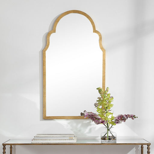 Abbey Gold Leaf Mirror | Modern Arch Iron Frame Bathroom Vanity Mirror (21 in. W x 37 in. H x 1 in. D)