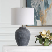 Vulnix Weathered Black Ceramic Modern Table Lamp with Off White Linen Shade (24" H Lamp with 10" H x 14" W Shade)