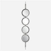 Uttermost Button 09842 silver leaf modern tall round mirror with sleek iron base and four round beveled mirrors, 10 in. W x 60 in. H