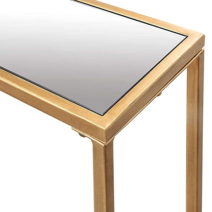 Tivlo Console Table | Warm Gold with Mirrored Top and Tempered Glass Bottom (56 in. W x 30 in. H x 8 in. D)