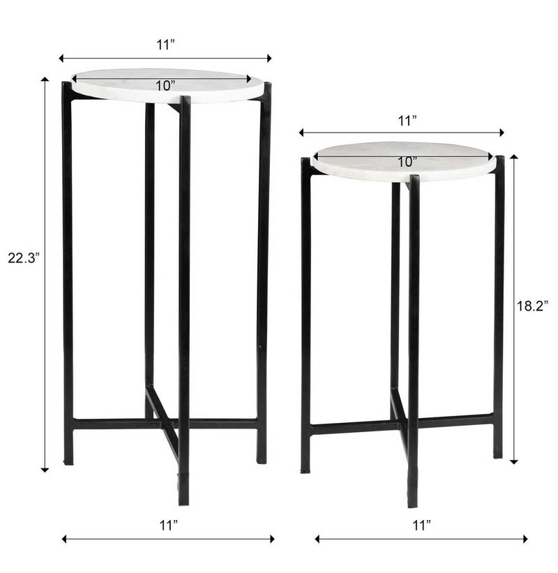 Crestan Accent Tables Set of 2 | Matte Black and White Marble Top (Medium: 11 in. W x 18 in. H; Large: 11 in. W x 22 in. H)