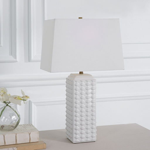 Vintrel Gloss White Modern Ceramic Table Lamp with White Linen Shade (25" H Lamp with 10" H x 15" W x 9" D Shade)