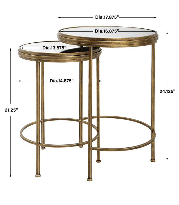 Mavren Nesting Tables Set of 2 | Antique Brushed Gold and Mirrored Top (Medium: 15 in. W x 21 in. H; Large: 18 in. W x 24 in. H)